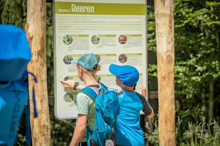 Kinder lesen die Infotafel an Station 2 – Beeren am Natur-Geheimnis-Pfad